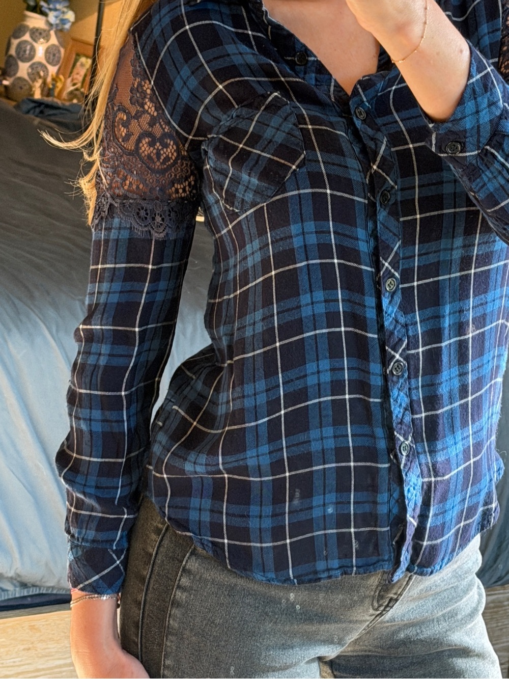Suzanne Betro Blue & Navy Plaid Button-Up Blouse with Lace Shoulders
